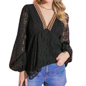 Lovecolette Babydoll Top Womens Medium Black Lace Embroidered Ribbon Boho Blouse